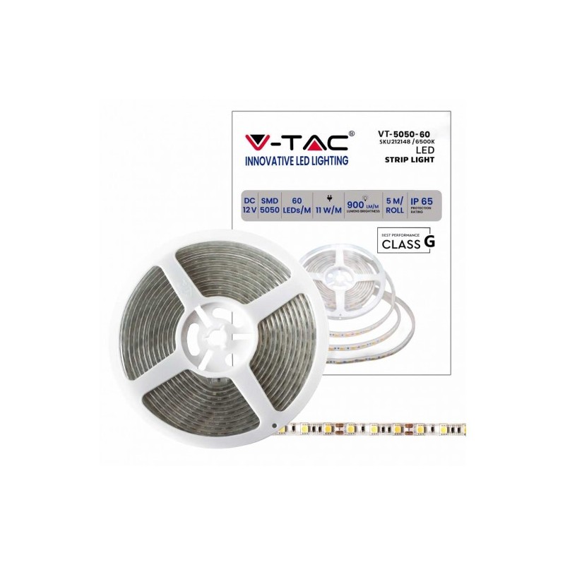 STRISCIA LED VT-5050-60 60LEDMT 12V STRIP 5MT 11WM BIANCO FREDDO 6500K IP65 212148