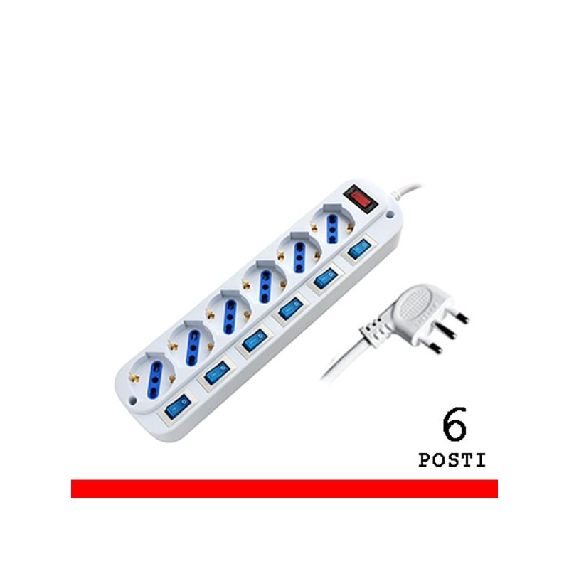MULTIPRESA 6 POSTI PRESA BIPASSOSCHUKO CON SPINA 16A CON INTERRUTTORI MULTIPLI PEM203056A-W