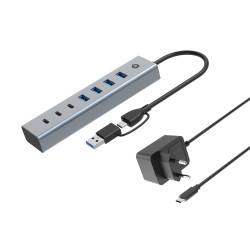 HUB USB 32 7 PORTE BK ALLUMINIO 4USB A2USB C + ALIMENTATORE