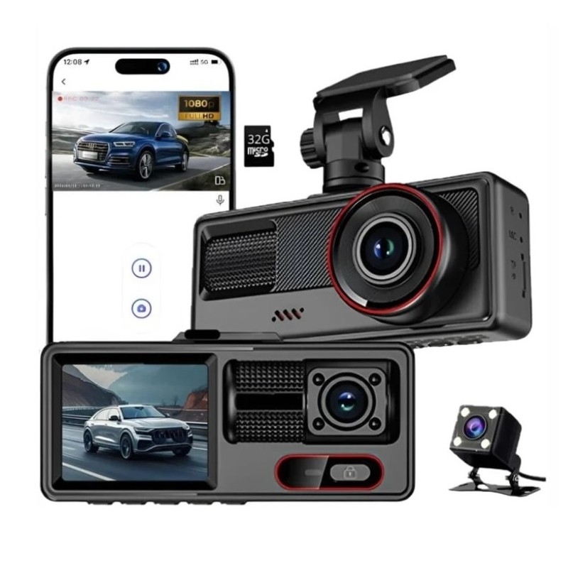 TELECAMERA DASH CAM BLACK BOX DVR RECORDER PER AUTO - 3 CANALI - 1080P WIFI