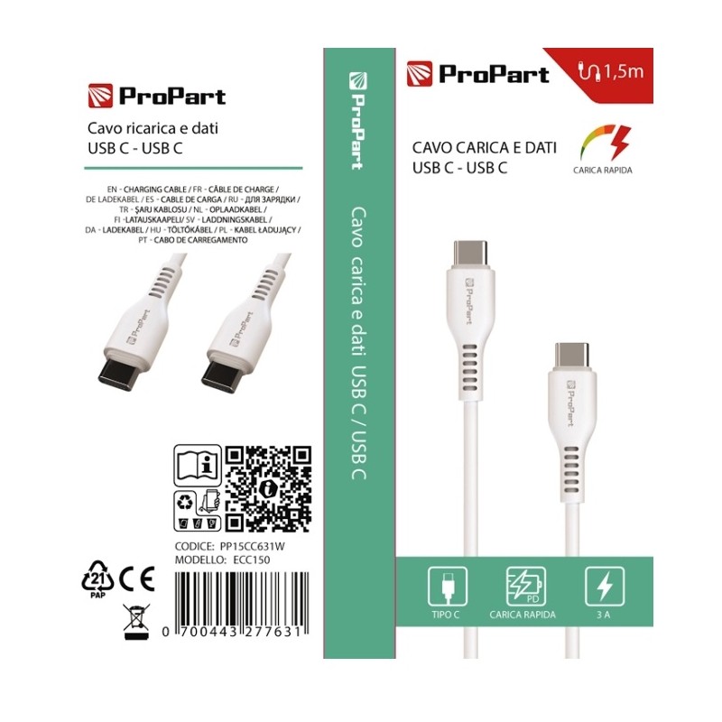 CAVO USB TIPO-C - TIPO-C PP15CC631W ECC150 15MT BIANCO