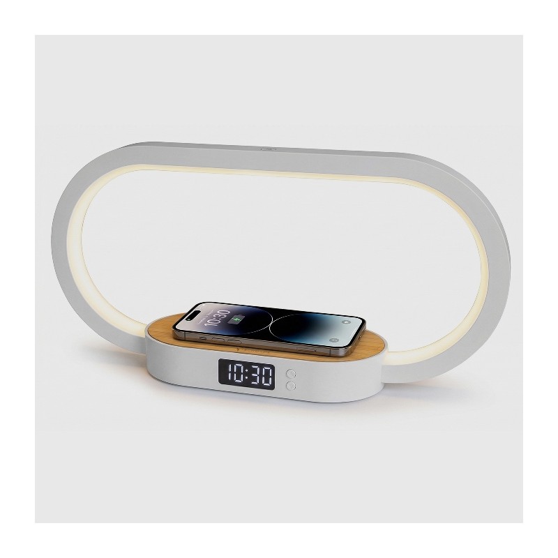 LAMPADA LED CON OROLOGIO DIGITALE RICARICA WIRELESS 15W BAMBOO TM-2221-BB