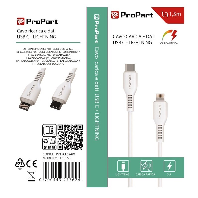 CAVO LIGHTNING - USB TIPO-C PP15CL624W ECL150 15MT BIANCO