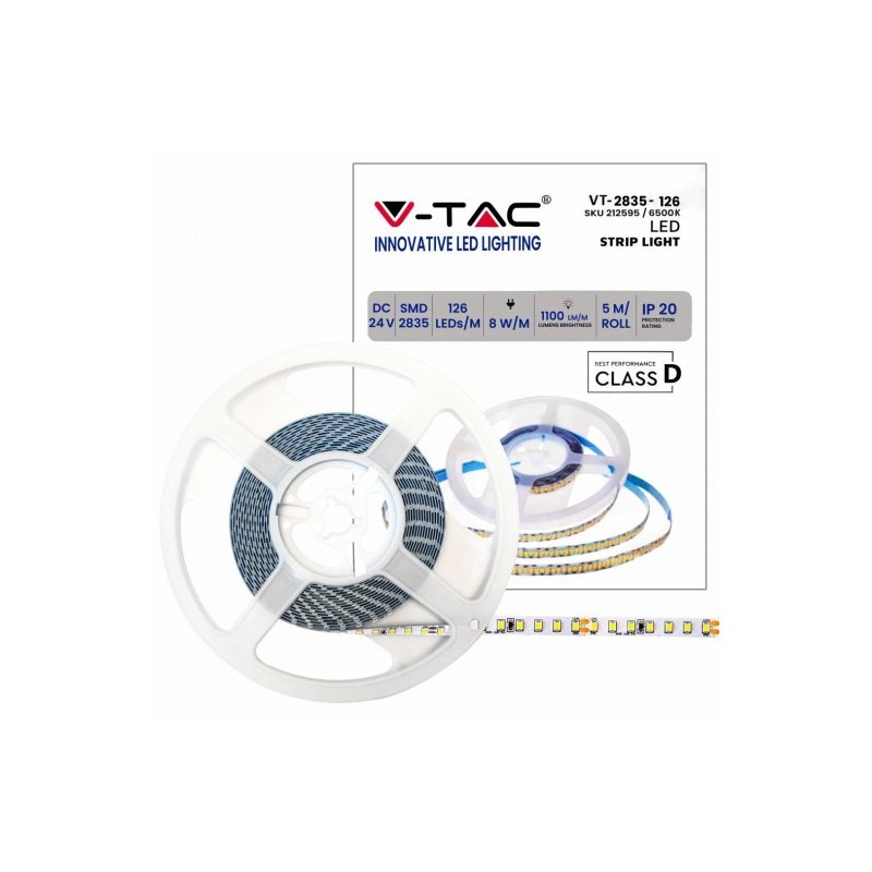 STRISCIA LED VT-2835 137LMM 24V STRIP 5MT 8WMT BIANCO FREDDO 6500K IP20 212595